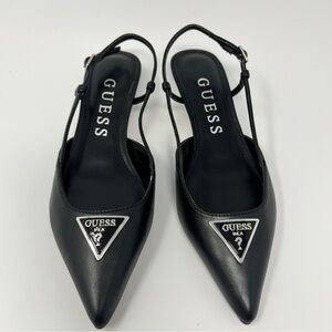 GUESS Black Pointed Toe Slingback Heels with Silver Logo Plaque